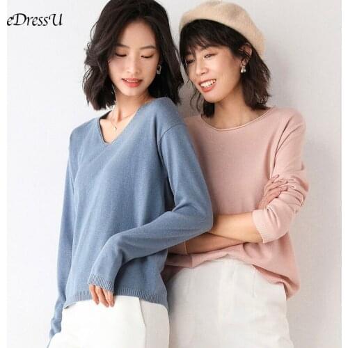 EDressU 2021 Women Loose Jumper Plus Size Korean Knitwear Tops Plain Spring Autumn Office Lady Casual Pullover Sweater HW-2020