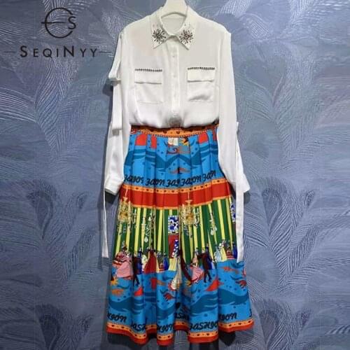 SEQINYY Autumn Spring Skirt Set Women White Long Sleeve Crystal Shirt + High Waist Printed Pleated Skirt 2 Pieces Set Vintage