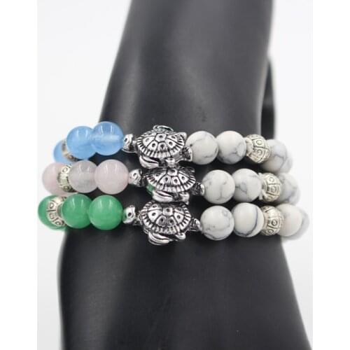 2020 Male Girl gift bracelet silver color sea turtle charm 8mm howlite and green quartz stone bead yoga elastic men bracelet