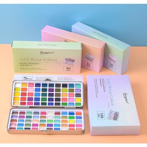 50/72/90/100 Colors Watercolor Paint Solid Glitter Metallic Watercolor Set Box Gouache Pigment Drawing Painting Art Supplies