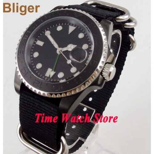 Bliger 40mm GMT 3804 PVD case Automatic mens watch black strile dial Luminous sapphire glass ceramic bezel waterproof