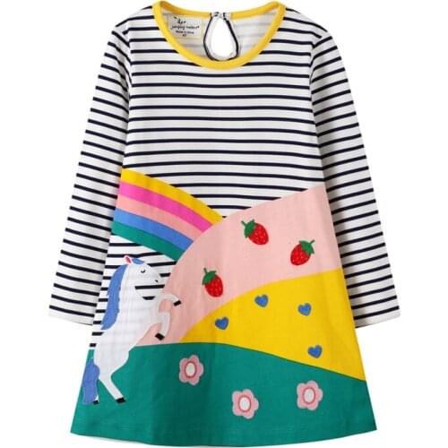 27kids Breathable Girls with Rainbow Strawberry Animal Pattern Cotton Kids Long Sleeve Dress for Stripe Skirt 2-7Years