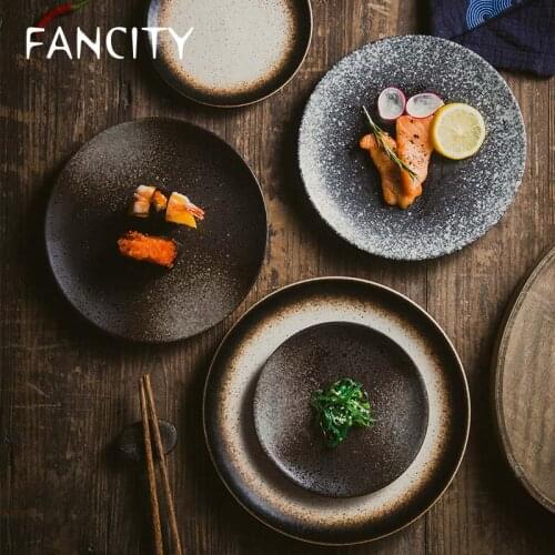 FANCITY Creative Retro Japanese Black Ceramic Plate Disc Western Steak Plate Household Dinner Plate Flat Plate Ceramic Tableware