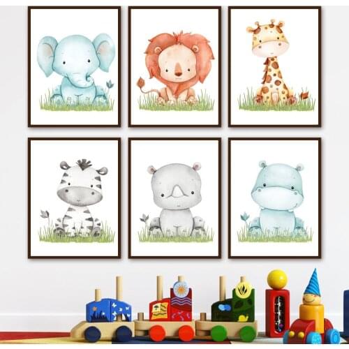 Woodland Nursery Wall Art Canvas Painting Rhino Hippo Zebra Lion Giraffe Posters And Print Wall Pictures Baby Kids Room Decor