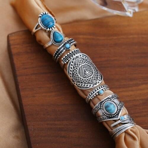 Vintage New Women Carved Inlaid Gemstone Joint Ring 8 Pcs/Set Jewelry 2021