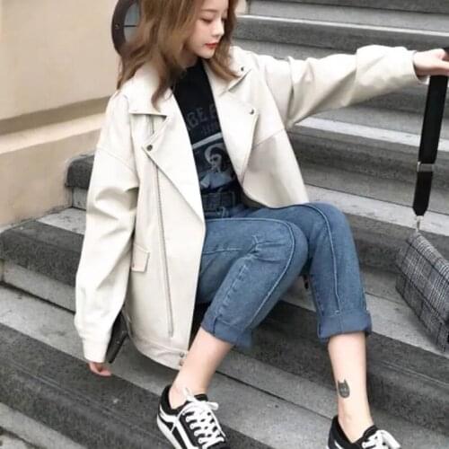 Motorcycle Leather Womens 2021 Spring And Autumn New Loose PU Jacket Short Coat Sweatshirt Female Outerwear L278