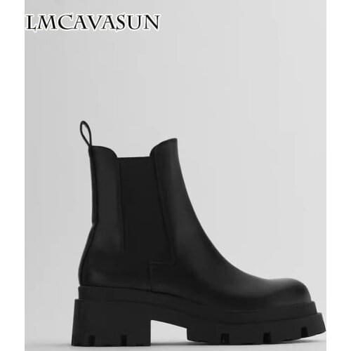 LMCAVASUN ZA New Womens Boots Thick Heel Black Groove Pattern Sole Flat Bottom Chimney Chelsea Short Boots