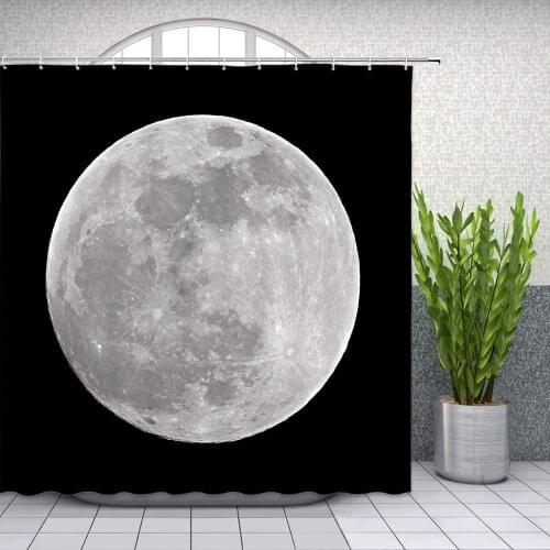 Moon Shower Curtain Gray Planet Black Background Bathroom Decor Space Moon Curtains Set Waterproof Polyester Fabric with Hooks