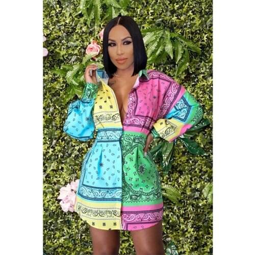 TNNAOFF Trendy Bandana Print Loose Shirt for Women Summer Sexy Fashion Long Sleeve Button Lounge Wear Dress Long Shirts Crop Top