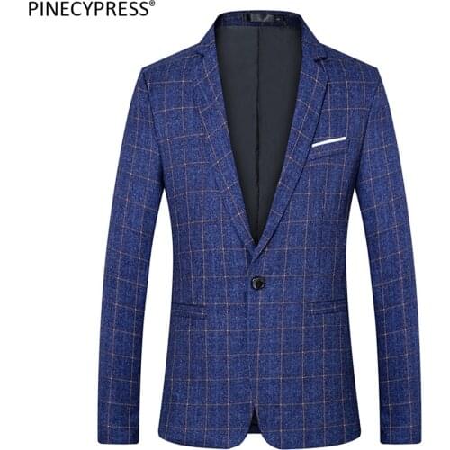 Easy Care Fashion Plaid Slim Man Suit Jacket Quality Male Checked Blue Red Black Casual Spring Autumn One button Men Blazer