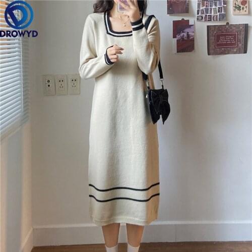 2021 Version of The New Autumn and Winter Long Loose and Thin Straight Knitted Dress Thick Twist Stretch Pullover Sweater Dress