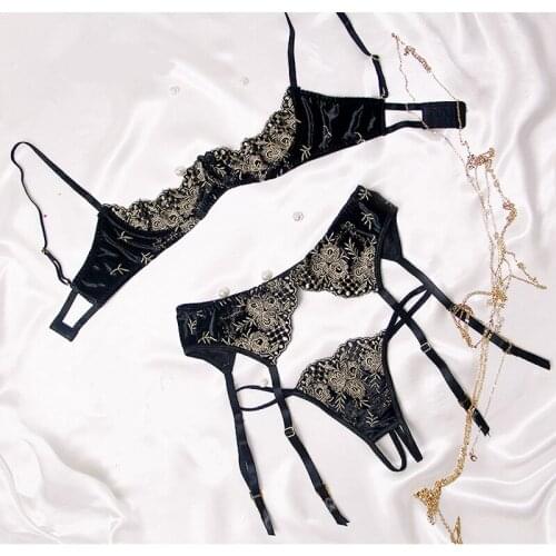 Newest Women Erotic Lingerie Sexy Floral Embroider Underwear See Through Nightwear Sensual Sets Hollow Out Bra and Thong