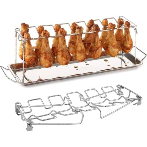 BBQ Beef Chicken Leg Wing Grill Rack 14 Slots Stainless Steel Barbecue Drumsticks Holder Smoker Oven Roaster Stand with Drip Pan