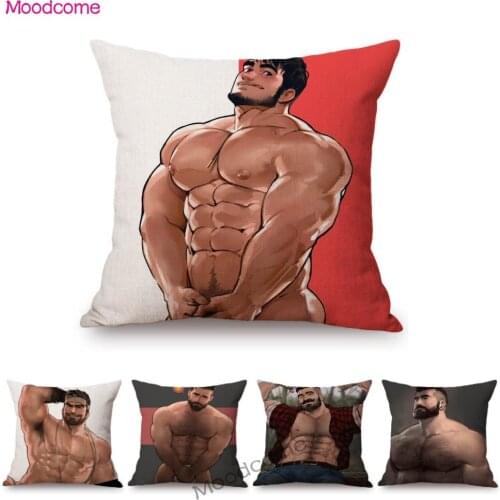 Sexy Handsome Hunk Boy Man Cartoon Gym Aesthetics Body Builder Hot Muscle Art Sofa Throw Pillow Case Cotton Linen Cushion Cover
