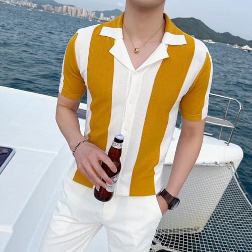 Polo Shirts Business Casual Streetwear Male Clothing Summer Knitted Polo Shirts Men Short Sleeve Lapel Tee Tops Fashion Striped