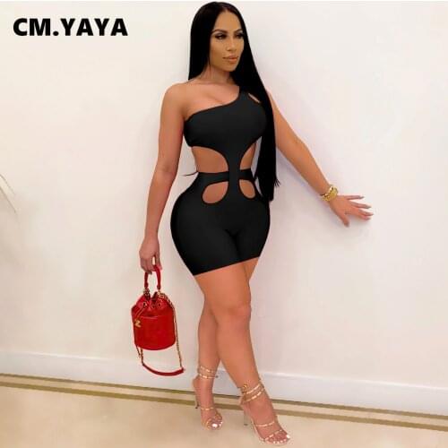 CM.YAYA Women Playsuit Solid Sleeveless One Shoulder Skew Collar Hollow Out Bodycon Strechy Romper Sexy One Piece Overall Summer