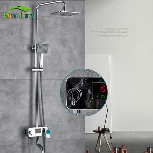 Chrome Digital Shower Faucet Single Handle Bath Shower Faucet System Anti Ironing Temperature Display Shower Mixer Swivel Spout