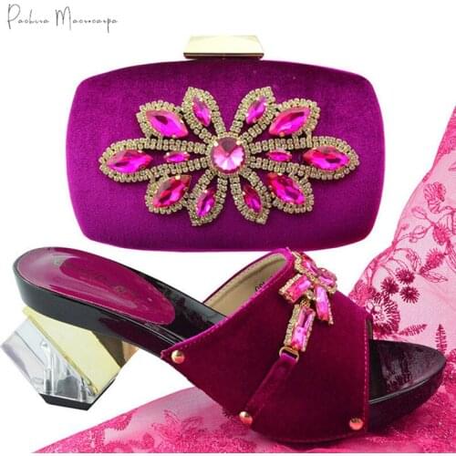New Nigerian Hot Selling Fashion Italian Design Party Maganta Color Ladies Shoes and Bag Set With Maple leaf Shape Rhinestone