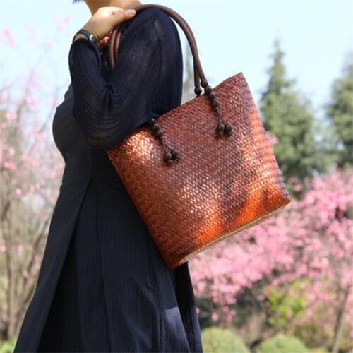 31x25CM Thailand Straw Bag Rattan Straw Bag Handbag Retro Vacation Women Handbag Shoulder Bag Mail Original Bag a6108