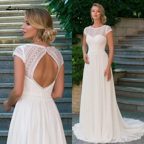 Lakshmigown Vintage Boho Wedding Dress Short Sleeves 2021 Vestidos de Novia Beach Robe Sexy Bridal Chiffon Gown Backless