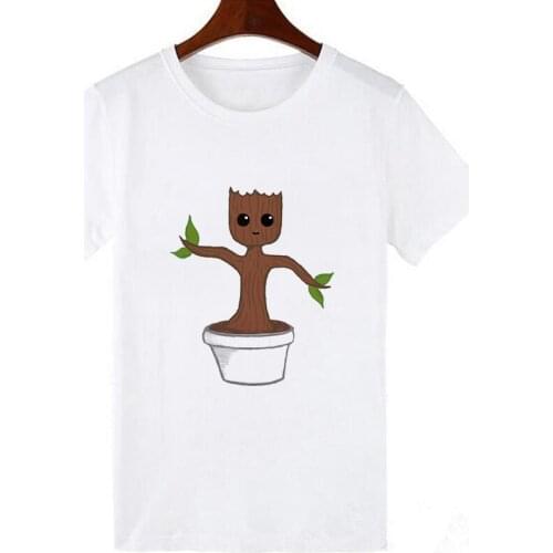 Girls Cartoon Baby Groot Potted Plants Printed T-shirt Womens Casual O-neck Top Marvel Unisex Clothing Dropship