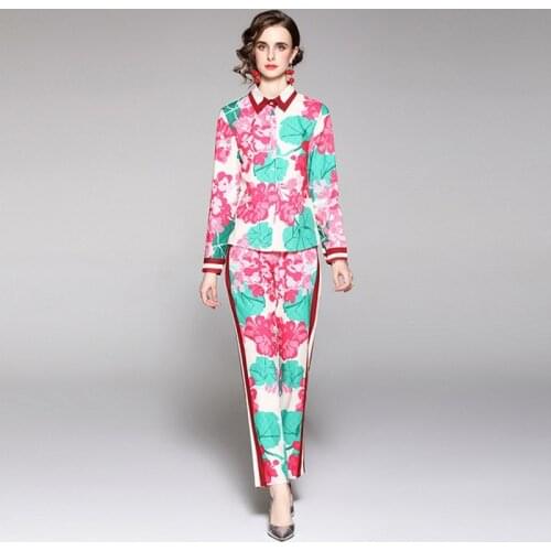 Fall Fashion Lotus Floral Print Holiday Women Turn Down Collar Shirt Blouse Tops + Pocket Ankle Length Long Pants Two Pieces Set