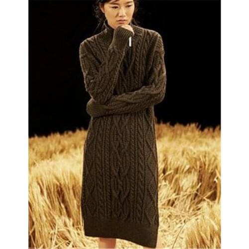 100% hand made pure wool knit women fashion slim turtleneck open hem long H-straight pullover sweater one&over size