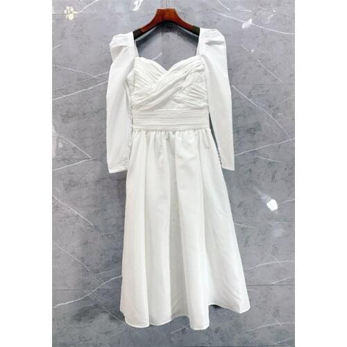 High Quality White Dress 2021 Autumn Style Women Sexy Square Collar Pleated Patchwork Long Sleeve Casual Party Tunic Dress Club