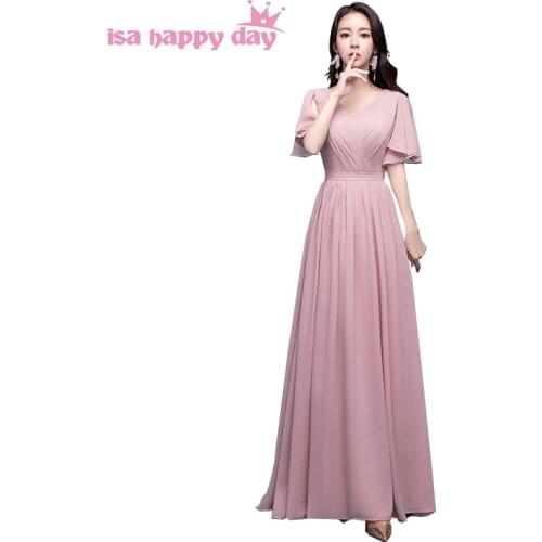 Formal women v neck dresses blush color bridesmaid chiffon long dress modest bridesmaids dresses cap sleeves under 100 H4191