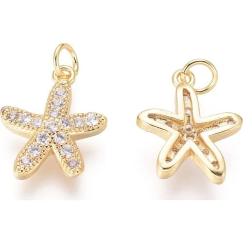 10pcs Small Starfish Shape Brass Charms with Clear Cubic Zirconia and Jump Rings for Jewelry Making DIY Bracelet 13x11x3mm
