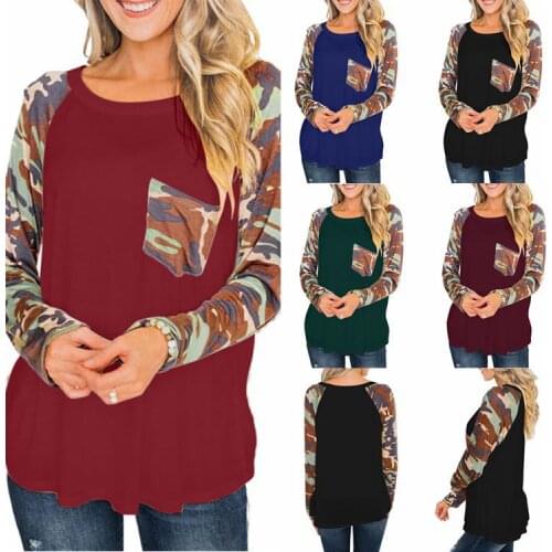 2020 European and American Autumn And Winter New Camouflage Stitching Long-Sleeved Slim T-Shirt Womens Top