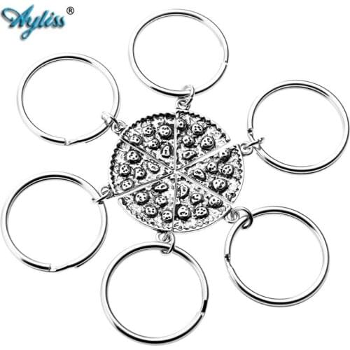 AylissHigh Quality 2pcs/6pcs Keychain Antique Silvery Color Metal Pizza Slice Pendant Friendship Keychain Steel Key Chains
