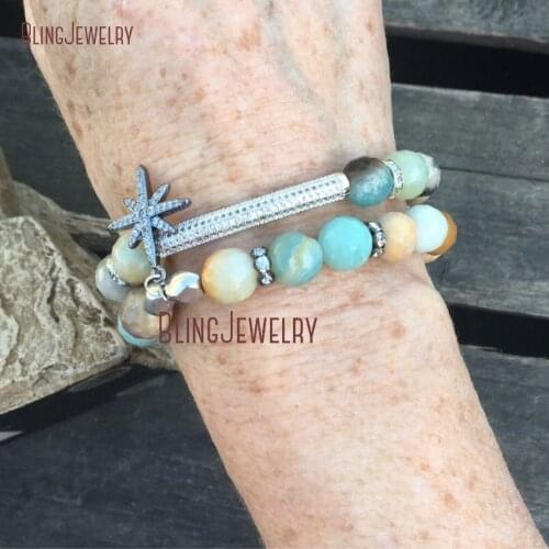 Boho CZ Pave Bar Or Star Charm Amazonite Beaded Stretch Bracelet Shabby Chic BM12344