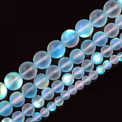 15" Lake Blue Round Glitter Frosted Austria Crystal Dull Polish Moon Stone Loose Beads For Jewelry Making Bracelet Neck 6-12mm