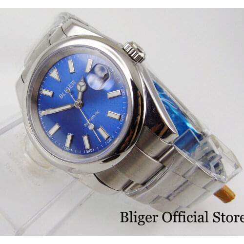 BLIGER Blue Fashional Automatic Men Watch 21 Jewels MIYOTA 8215 Luminous Hand Polished Case Oyster Bracelet Screw Crown