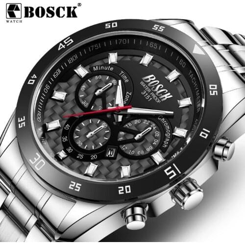 Bosck Mens Casual Business Luxurious 30M Waterproof Quartz Watch Dual Calendar Luminous Stainless Strap Watch Relogio Masculino