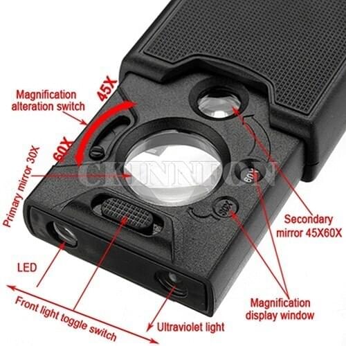 DHL 100PCS Fashion 30x 45x 60x LED UV Lighted Magnifier Jewelers Loupe Loop Magnifying Glass (Size: One Size)
