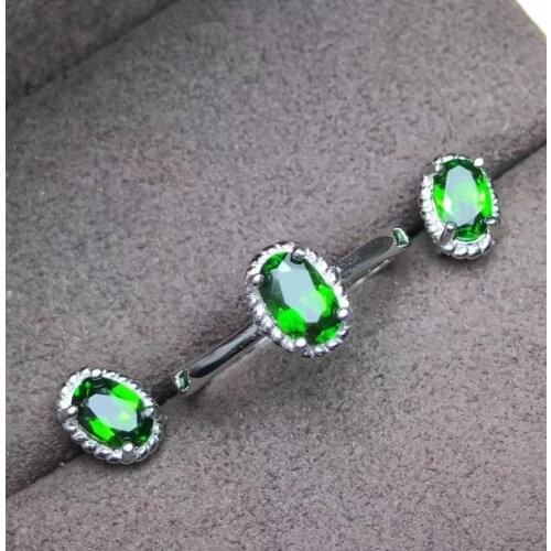 Natural green diopside Ring Earrings Natural Gemstone round Elegant sun flower Jewelry Set 925 Silver Women party fine jewelry