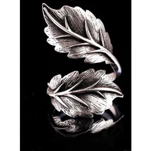 925 Sterling Silver Handcrafted Taiyin Makes Old Trendy Leaf Ring Personality Fashion Wide Face Ladys Open Ring Accessories