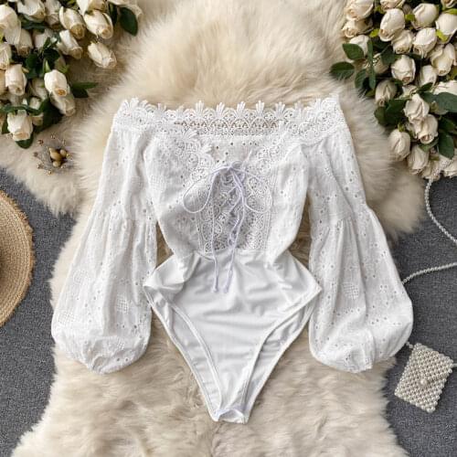 Fashion vintage Lace Jumpsuits for Womens 2021 new spring design Bodysuit hollow puff sleeve sexy one-shoulder jumpsuit tide