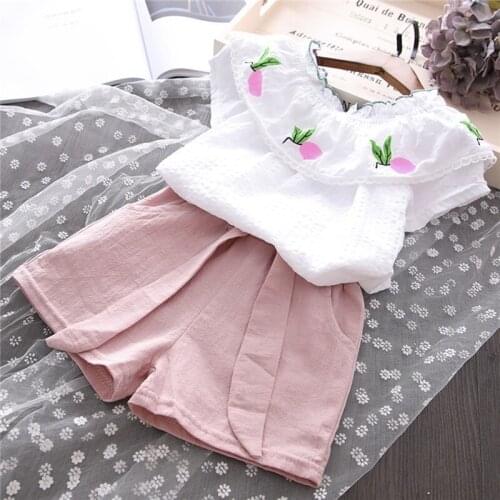 Girls Sets New Summer Children Pineapple Print Short Sleeve T-shirt Top +Solid Shorts 2PCS Kid Suit Fashion Lovely Girl Clothes