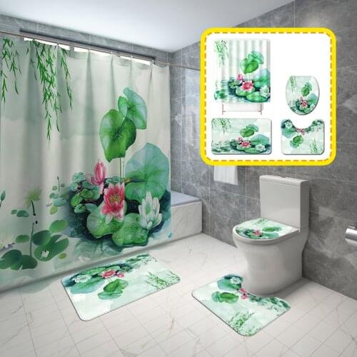 Summer Lotus Flowers Shower Curtain Sets Anti Slip Rugs Toilet Lid Cover Bath Mat Bathroom Waterproof Curtains Alfombra Bano