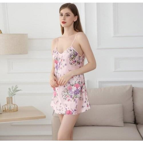 EFINNY Summer Leisure Ice Silk Printed Sexy Pajamas Nightdress Sling Pajamas Ladies V-neck Sleeveless Sleepdress Mini Dress
