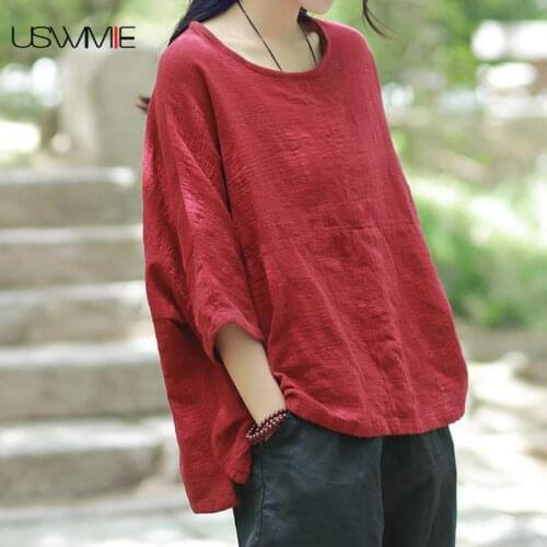 2020 Summer Plus Size Shirt Retro Leisure Solid Color Three Quarter Sleeve Irregular Hem Loose Comfort Womens Tops And Blouses
