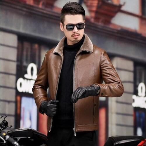Mens leather jacket motorcycle coat men jackets lapel large size straight clothes business casual jaqueta de couro fashion brown