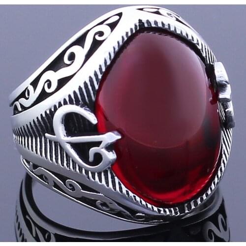 Solid 925 Sterling Silver Alif Vav Design Oval Red Ruby Stone Mens Ring