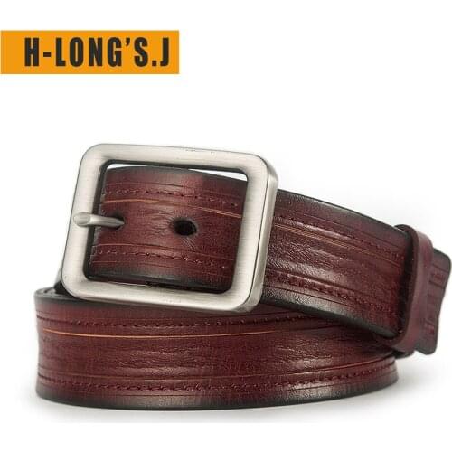 H-LongS.J New Belt Mens Leather First Layer Leather Mens Retro Casual Steel Color Pin Buckle Fashion Pure Leather Pants Belt