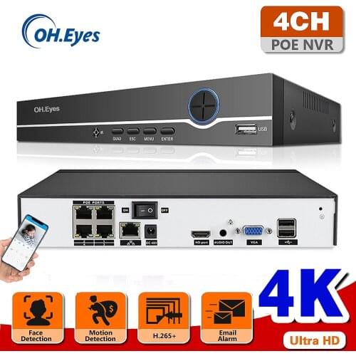 OH.EYES 4CH 4K POE NVR Face Recognition H.265+ Onvif Network Video Recording IP Camera P2P System