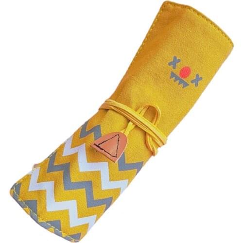 Creative Kids Roll Pen Bag Holder Drawstring Funny Expression Portable Fabric Storage Pencil Roll Wrap Student Stationery Gift