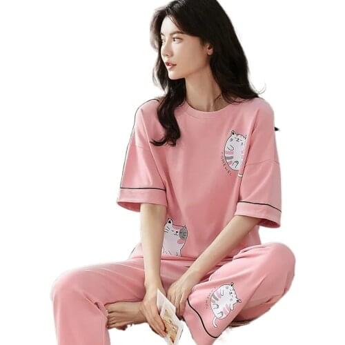 Short-sleeved Trousers Pajamas for Women Summer Cotton Two-piece Home Suit Cartoon Print Pyama Woman Set